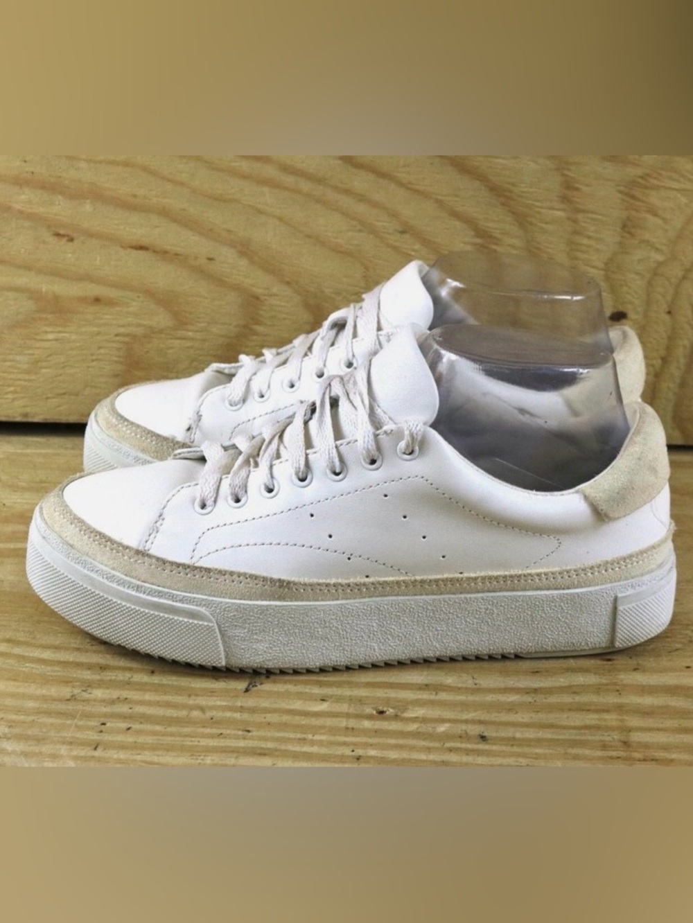 “All Saints” White & Tan Low-Top Platform Sneakers.